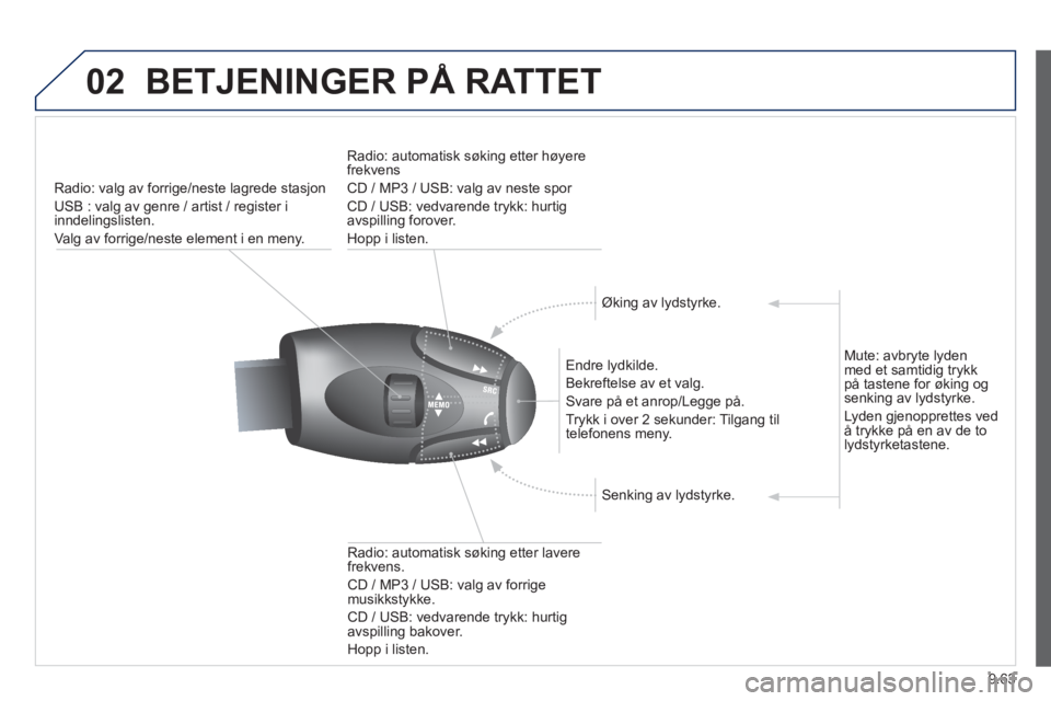 PEUGEOT 807 2013  Instruksjoner for bruk (in Norwegian) 9.63
02BETJENINGER PÅ RATTET 
Radio: valg av forrige/neste lagrede stasjon
U
SB : valg av genre / artist / register i inndelingslisten. 
Va l
g av forrige/neste element i en meny.  
   
Endre l
ydkil