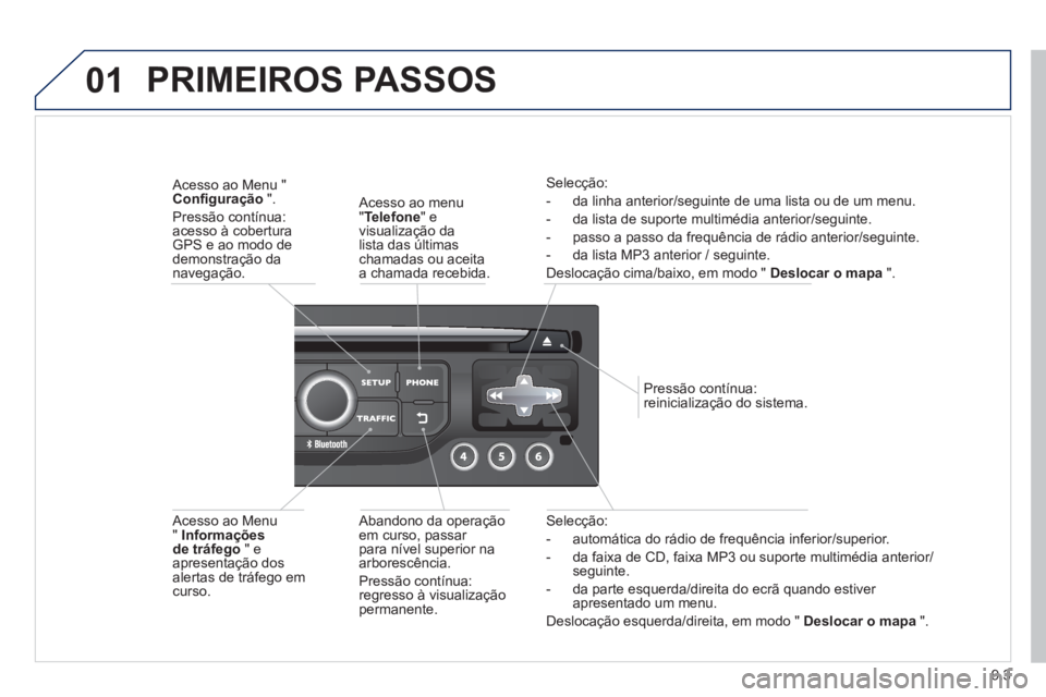 PEUGEOT 807 2013 Manual de utilização (in Portuguese) 9.3
01
Selecção:
- automática do rádio de frequência inferior/superior.
- da
faixa de CD, faixa MP3 ou suporte multimédia anterior/seguinte.
- da parte esquerda
/direita do ecrã quando PEUGEOT 807 2013 Manual de utilização (in Portuguese) 9.3
01
Selecção:
- automática do rádio de frequência inferior/superior.
- da
faixa de CD, faixa MP3 ou suporte multimédia anterior/seguinte.
- da parte esquerda
/direita do ecrã quando
