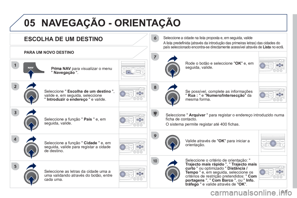 PEUGEOT 807 2013 Manual de utilização (in Portuguese) 9.9
05
NAVpara visualizar o menu"Navegação".
PARA UM NOVO DESTINO
NAVEGAÇÃO - ORIENTAÇÃO
ESCOLHA DE UM DESTINO
Seleccione " Escolha de um destino
",
valide e, em PEUGEOT 807 2013 Manual de utilização (in Portuguese) 9.9
05
NAVpara visualizar o menu"Navegação".
PARA UM NOVO DESTINO
NAVEGAÇÃO - ORIENTAÇÃO
ESCOLHA DE UM DESTINO
Seleccione " Escolha de um destino
",
valide e, em