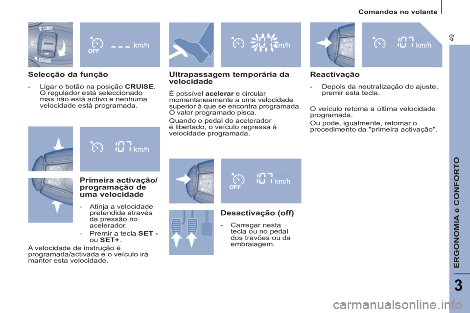 PEUGEOT 807 2013  Manual de utilização (in Portuguese)    
Comandos no volante  
ERGONOMIA e CONFORTO
3
49
 
 
Selecção da função 
 
 
 
-   Ligar o botão na posição  CRUISE 
. 
O regulador está seleccionado 
mas não está activo e nenhuma 
veloc