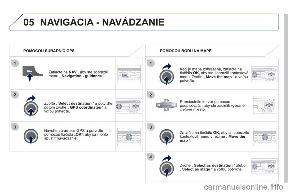 PEUGEOT 807 2013  Návod na použitie (in Slovakian) 9.11
05
   
Zvoľte „ Select destination 
 “ a potvrďte,potom zvoľte „ GPS coordinates 
 “ a 
voľbu potvrďte.  
   
Navoľte súradnice 
GPS a potvrďtepomocou tlačidla „ OK “, aby sa