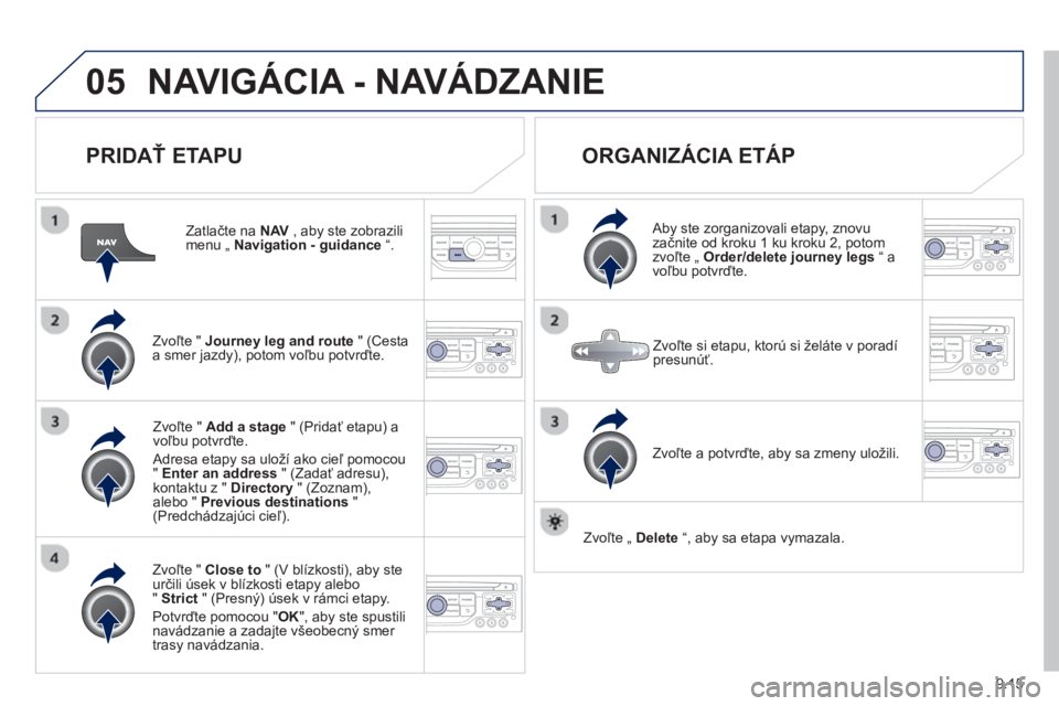 PEUGEOT 807 2013  Návod na použitie (in Slovakian) 9.15
05NAVIGÁCIA - NAVÁDZANIE 
   
PRIDAŤ ETAPU
 
 
Zatlačte na  NAV 
 , aby ste zobrazili menu „  Navigation - guidance“.
Zvoľte "  Journey leg and route" (Cesta a smer jazdy), potom voľbu 