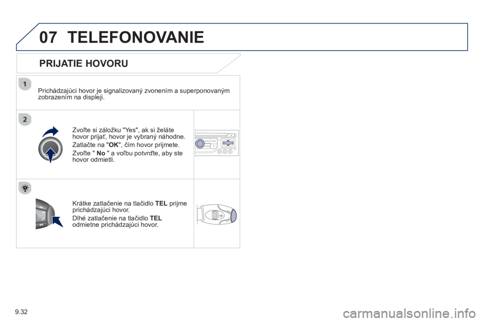PEUGEOT 807 2013  Návod na použitie (in Slovakian) 9.32
07TELEFONOVANIE 
   
PRIJATIE HOVORU
 
 
Prichádzajúci hovor je signalizovaný zvonením a superponovaným
zobrazením na displeji.
Zvoľte si záložku "Yes", ak si želáte 
hovor prijať, ho
