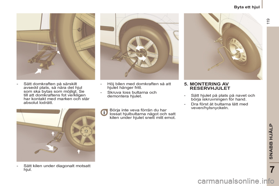PEUGEOT 807 2013  Bruksanvisningar (in Swedish) 11 9
SNABB HJÄLP
7
  Byta ett hjul 
Börja inte veva förrän du har 
lossat hjulbultarna något och satt 
kilen under hjulet snett mitt emot.  
 
 
 
     
 
-   Sätt domkraften på särskilt 
avse