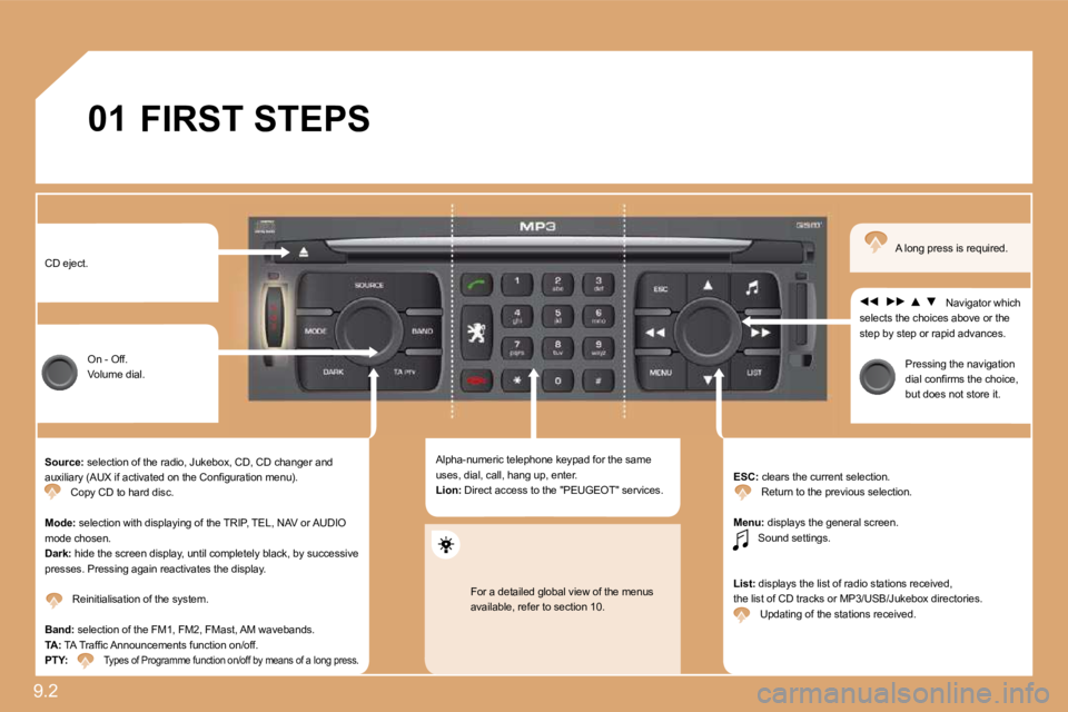 PEUGEOT 807 2009.5.  Owners Manual 9.2 
01 FIRST STEPS 
 CD eject. 
 On - Off.  Volume dial. 
� � �S�o�u�r�c�e�:� � �s�e�l�e�c�t�i�o�n� �o�f� �t�h�e� �r�a�d�i�o�,� �J�u�k�e�b�o�x�,� �C�D�,� �C�D� �c�h�a�n�g�e�r� �a�n�d� �a�u�x�i�l�i�a�