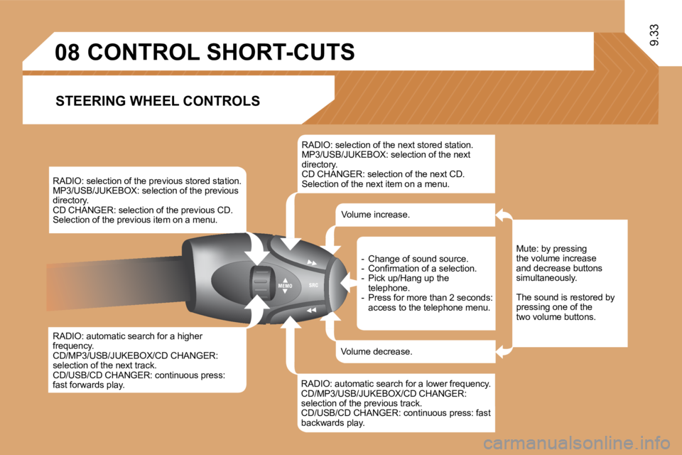 PEUGEOT 807 2009.5.  Owners Manual �0�8
9.33
       CONTROL SHORT-CUTS 
  STEERING WHEEL CONTROLS 
� � �R�A�D�I�O�:� �s�e�l�e�c�t�i�o�n� �o�f� �t�h�e� �p�r�e�v�i�o�u�s� �s�t�o�r�e�d� �s�t�a�t�i�o�n�.� � �M�P�3�/�U�S�B�/�J�U�K�E�B�O�X�: