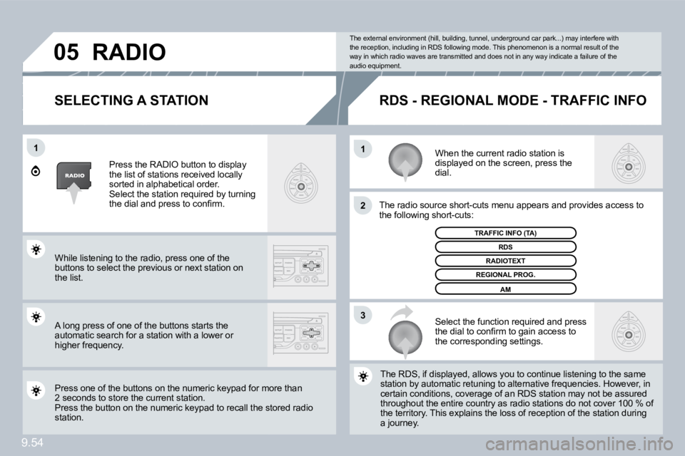 PEUGEOT 807 2009.5.  Owners Manual 9.54
11
�2
�3
�0�5
  SELECTING A STATION 
 When the current radio station is displayed on the screen, press the dial. 
 The radio source short-cuts menu appears and providesovides access to �t�h�e� �f