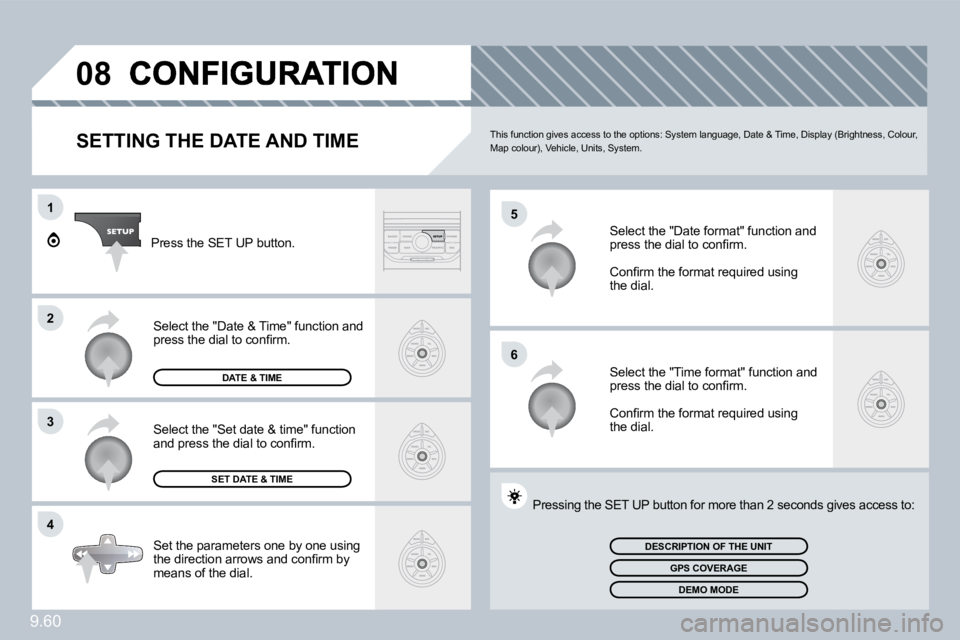 PEUGEOT 807 2009.5.  Owners Manual 9.60
�0�8
�5
�6
1
�2
�3
�4
  SETTING THE DATE AND TIME � �T�h�i�s� �f�u�n�c�t�i�o�n� �g�i�v�e�s� �a�c�c�e�s�s� �t�o� �t�h�e� �o�p�t�i�o�n�s�:� �S�y�s�t�e�m� �l�a�n�g�u�a�g�e�,� �D�a�t�e� �&� �T�i�m�e�