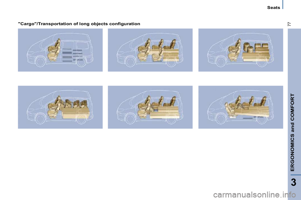 PEUGEOT 807 2009.5.  Owners Manual ERGONOMICS and COMFORT
3
77
Seats
� � �"�C�a�r�g�o�"�/�T�r�a�n�s�p�o�r�t�a�t�i�o�n� �o�f� �l�o�n�g� �o�b�j�e�c�t�s� �c�o�n�ﬁ� �g�u�r�a�t�i�o�n� �  �        