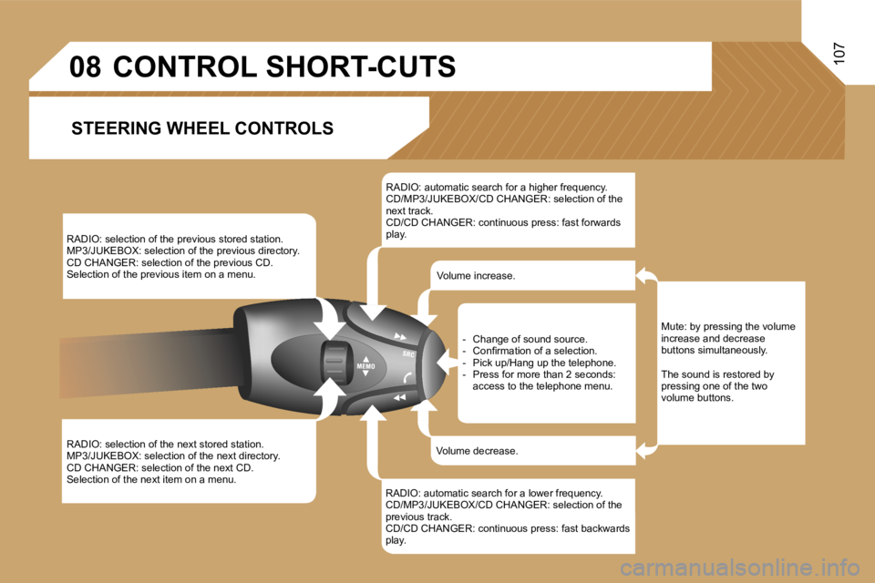 PEUGEOT 807 2007.5  Owners Manual �0�8�1�0�7
�R�A�D�I�O�:� �s�e�l�e�c�t�i�o�n� �o�f� �t�h�e� �p�r�e�v�i�o�u�s� �s�t�o�r�e�d� �s�t�a�t�i�o�n�. 
�M�P�3�/�J�U�K�E�B�O�X�:� �s�e�l�e�c�t�i�o�n� �o�f� �t�h�e� �p�r�e�v�i�o�u�s� �d�i�r�e�c�t�