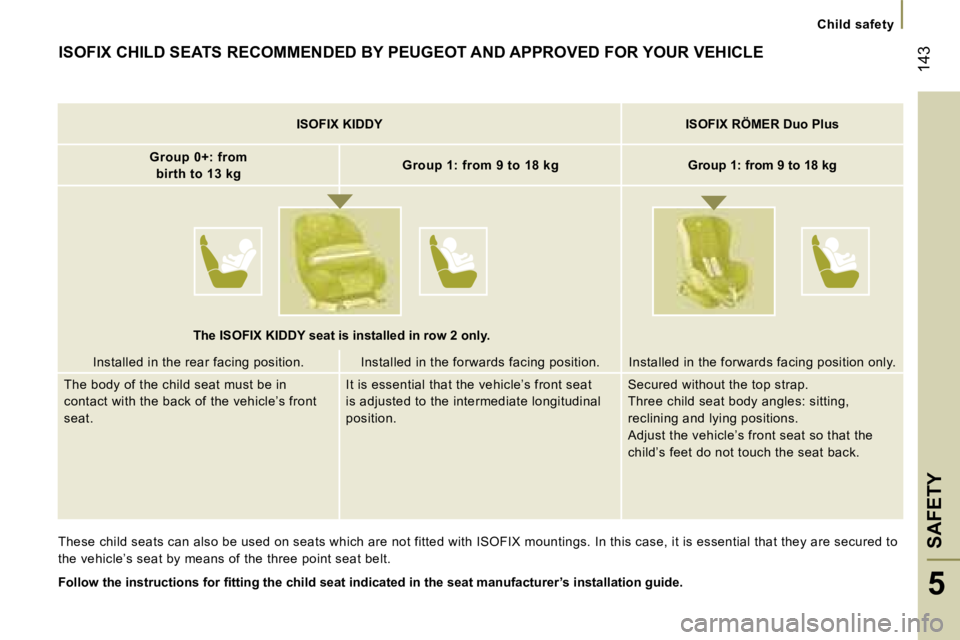 PEUGEOT 807 2007.5  Owners Manual �C�h�i�l�d� �s�a�f�e�t�y
�S�A�F�E�T�Y
�1�4�3
�5
�I�S�O�F�I�X� �C�H�I�L�D� �S�E�A�T�S� �R�E�C�O�M�M�E�N�D�E�D� �B�Y� �P�E�U�G�E�O�T� �A�N�D� �A�P�P�R�O�V�E�D� �F�O�R� �Y�O�U�R� �V�E�H�I�C�L�E
�T�h�e�s�