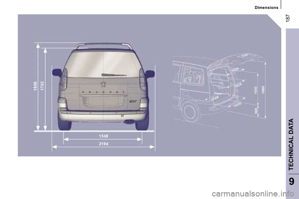 PEUGEOT 807 2007.5  Owners Manual �1�8�7
�D�i�m�e�n�s�i�o�n�s
�T�E�C�H�N�I�C�A�L� �D�A�T�A
�9  