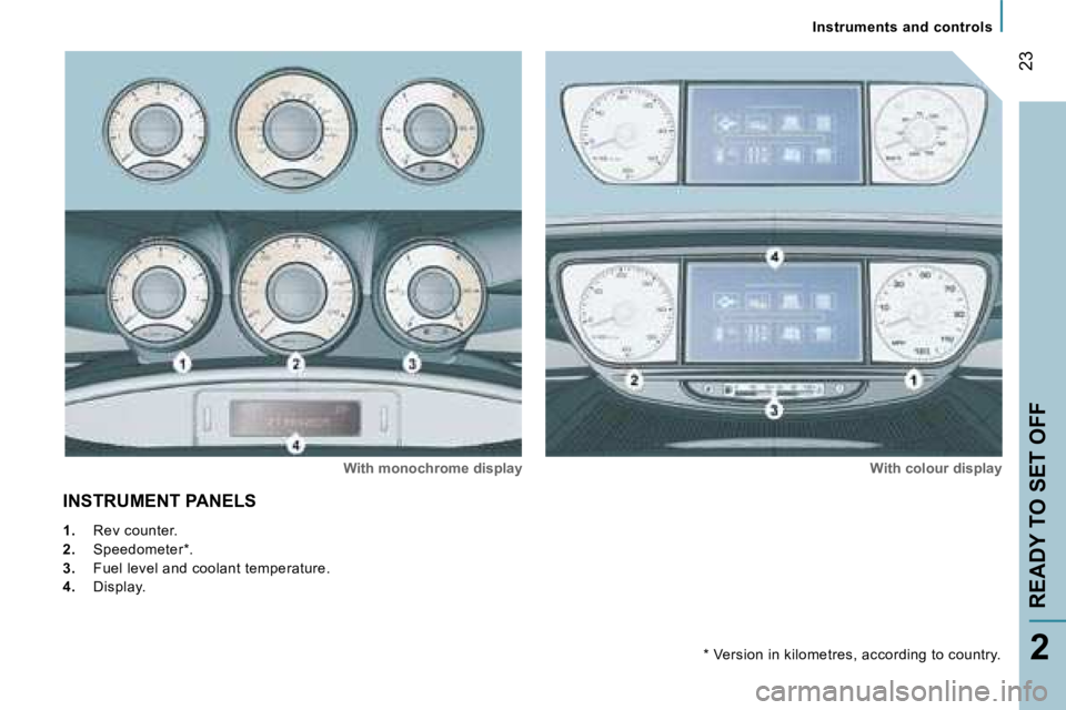 PEUGEOT 807 2007.5  Owners Manual �2�3
�2
�I�N�S�T�R�U�M�E�N�T� �P�A�N�E�L�S
�W�i�t�h� �m�o�n�o�c�h�r�o�m�e� �d�i�s�p�l�a�y�W�i�t�h� �c�o�l�o�u�r� �d�i�s�p�l�a�y
�1�.�  �R�e�v� �c�o�u�n�t�e�r�.
�2�. �  �S�p�e�e�d�o�m�e�t�e�r�*�.
�3�. 