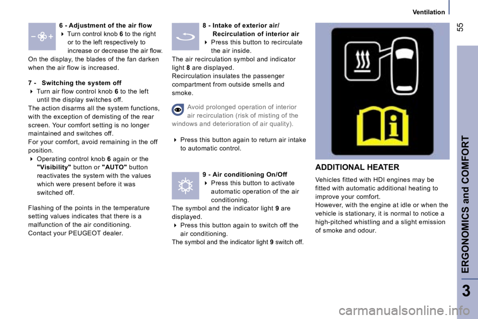 PEUGEOT 807 2007.5  Owners Manual �V�e�n�t�i�l�a�t�i�o�n
�E�R�G�O�N�O�M�I�C�S� �a�n�d� �C�O�M�F�O�R�T�5�5
�3
�6� �-� �A�d�j�u�s�t�m�e�n�t� �o�f� �t�h�e� �a�i�r� �f�l�o�w
�
� � �T�u�r�n� �c�o�n�t�r�o�l� �k�n�o�b�  �6� �t�o� �t�h�e� 