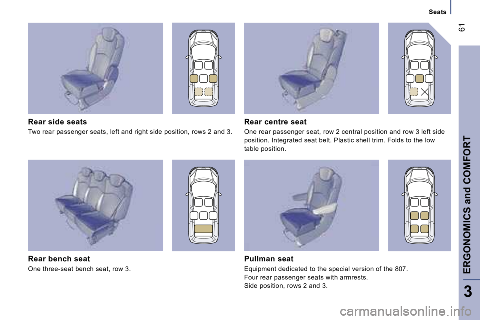 PEUGEOT 807 2007.5  Owners Manual �S�e�a�t�s
�E�R�G�O�N�O�M�I�C�S� �a�n�d� �C�O�M�F�O�R�T�6�1
�3
�R�e�a�r� �s�i�d�e� �s�e�a�t�s 
�T�w�o� �r�e�a�r� �p�a�s�s�e�n�g�e�r� �s�e�a�t�s�,� �l�e�f�t� �a�n�d� �r�i�g�h�t� �s�i�d�e� �p�o�s�i�t
�i