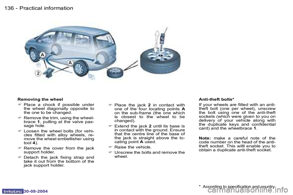 PEUGEOT 807 2004.5  Owners Manual �P�r�a�c�t�i�c�a�l� �i�n�f�o�r�m�a�t�i�o�n�1�3�6 �-
�3�0�-�0�8�-�2�0�0�4
�1�3�7�P�r�a�c�t�i�c�a�l� �i�n�f�o�r�m�a�t�i�o�n�-
�3�0�-�0�8�-�2�0�0�4
�R�e�m�o�v�i�n�g� �t�h�e� �w�h�e�e�l
�F�  �P�l�a�c�e�  