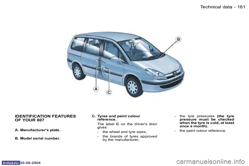 PEUGEOT 807 2004.5  Owners Manual �T�e�c�h�n�i�c�a�l� �d�a�t�a�1�6�0 �-
�3�0�-�0�8�-�2�0�0�4
�1�6�1�T�e�c�h�n�i�c�a�l� �d�a�t�a�-
�3�0�-�0�8�-�2�0�0�4
�C�.�  �T�y�r�e�s� �a�n�d� �p�a�i�n�t� �c�o�l�o�u�r� �r�e�f�e�r�e�n�c�e�.
�  �T�h�e