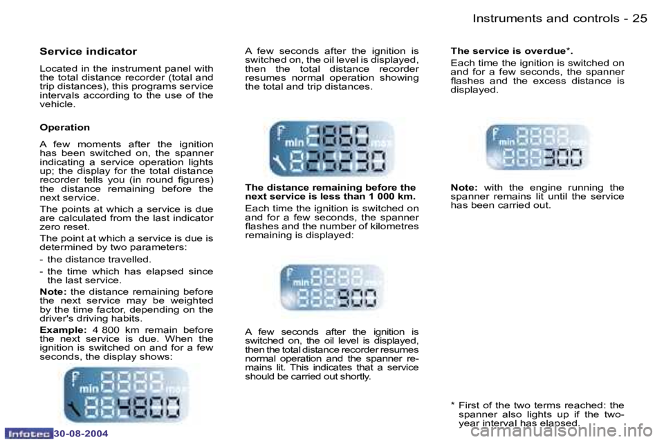PEUGEOT 807 2004.5  Owners Manual �I�n�s�t�r�u�m�e�n�t�s� �a�n�d� �c�o�n�t�r�o�l�s�2�4 �-
�3�0�-�0�8�-�2�0�0�4
�2�5�I�n�s�t�r�u�m�e�n�t�s� �a�n�d� �c�o�n�t�r�o�l�s�-
�3�0�-�0�8�-�2�0�0�4
�S�e�r�v�i�c�e� �i�n�d�i�c�a�t�o�r
�L�o�c�a�t�e