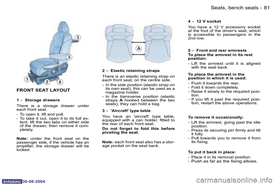 PEUGEOT 807 2004.5  Owners Manual �S�e�a�t�s�,� �b�e�n�c�h� �s�e�a�t�s�8�0 �-
�3�0�-�0�8�-�2�0�0�4
�8�1�S�e�a�t�s�,� �b�e�n�c�h� �s�e�a�t�s�-
�3�0�-�0�8�-�2�0�0�4
�F�R�O�N�T� �S�E�A�T� �L�A�Y�O�U�T
�1�  �-�  �S�t�o�r�a�g�e� �d�r�a�w�e