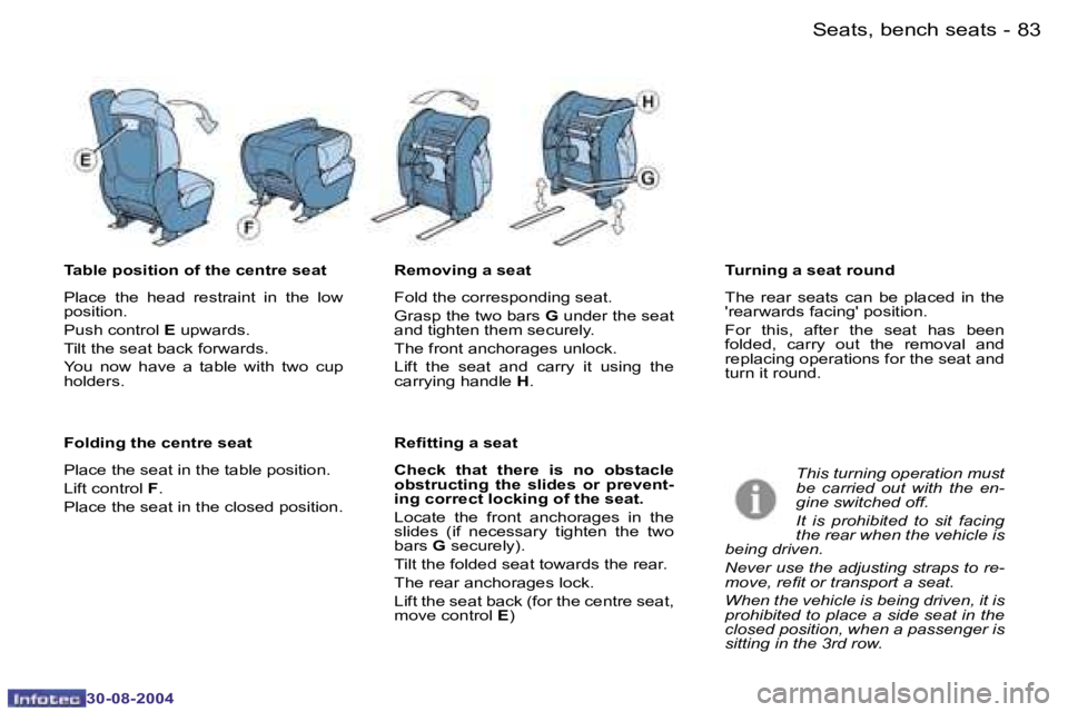 PEUGEOT 807 2004.5  Owners Manual �S�e�a�t�s�,� �b�e�n�c�h� �s�e�a�t�s�8�2 �-
�3�0�-�0�8�-�2�0�0�4
�8�3�S�e�a�t�s�,� �b�e�n�c�h� �s�e�a�t�s�-
�3�0�-�0�8�-�2�0�0�4
�T�a�b�l�e� �p�o�s�i�t�i�o�n� �o�f� �t�h�e� �c�e�n�t�r�e� �s�e�a�t 
�P�