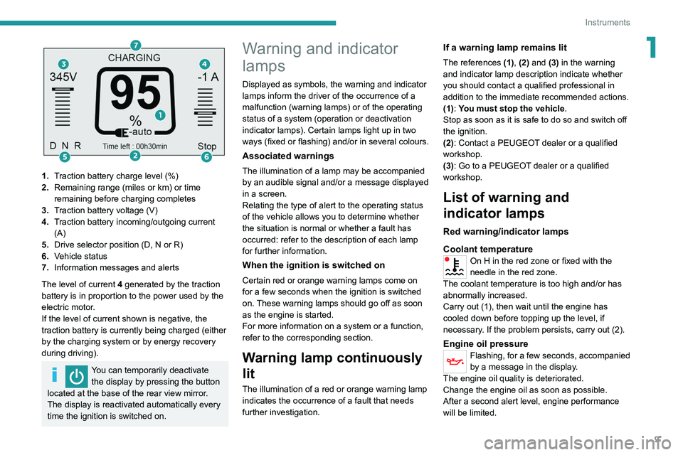 PEUGEOT BOXER 2021 Owners Manual 9
Instruments
1
1.Traction battery charge level (%)
2. Remaining range (miles or km) or time
remaining before charging completes
3. Traction battery voltage (V)
4. Traction battery incoming/outgoin PEUGEOT BOXER 2021 Owners Manual 9
Instruments
1
1.Traction battery charge level (%)
2. Remaining range (miles or km) or time
remaining before charging completes
3. Traction battery voltage (V)
4. Traction battery incoming/outgoin