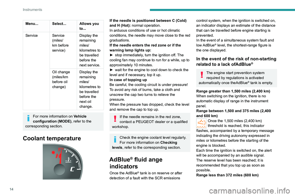 PEUGEOT BOXER 2021 Owners Manual 14
Instruments
Menu... Select... Allows you to...
Service Service (miles/
km before
service) Display the
remaining
miles/
kilometres to
be travelled
before the
next service.
Oil change
(miles/ PEUGEOT BOXER 2021 Owners Manual 14
Instruments
Menu... Select... Allows you to...
Service Service (miles/
km before
service) Display the
remaining
miles/
kilometres to
be travelled
before the
next service.
Oil change
(miles/