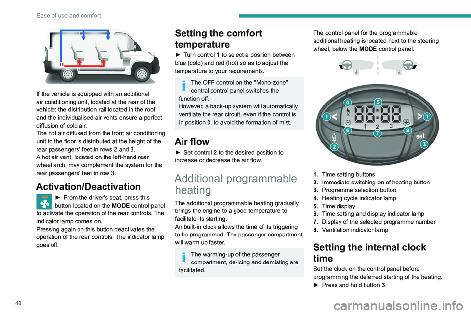 PEUGEOT BOXER 2021 Owners Manual 40
Ease of use and comfort
If the vehicle is equipped with an additional
air conditioning unit, located at the rear of the
vehicle: the distribution rail located in the roof
and the individualise PEUGEOT BOXER 2021 Owners Manual 40
Ease of use and comfort
If the vehicle is equipped with an additional
air conditioning unit, located at the rear of the
vehicle: the distribution rail located in the roof
and the individualise