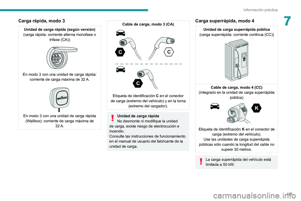PEUGEOT BOXER 2021  Manual del propietario (in Spanish) 107
Información práctica
7Carga rápida, modo 3
Unidad de carga rápida (según versión)
(carga rápida: corriente alterna monofase o  trifase (CA))
 
 
En modo 3 con una unidad de carga rápida: c
