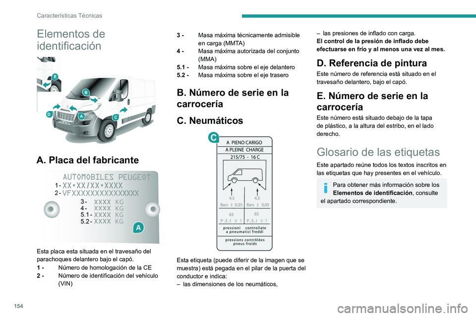 PEUGEOT BOXER 2021  Manual del propietario (in Spanish) 154
Características Técnicas
Elementos de 
identificación
 
 
A. Placa del fabricante 
 
Esta placa esta situada en el travesaño del 
parachoques delantero bajo el capó.
1 - Número de homologaci