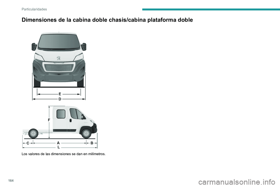 PEUGEOT BOXER 2021  Manual del propietario (in Spanish) 164
Particularidades
Dimensiones de la cabina doble chasis/cabina plataforma doble  
 
 
 
Los valores de las dimensiones se dan en milímetros.   