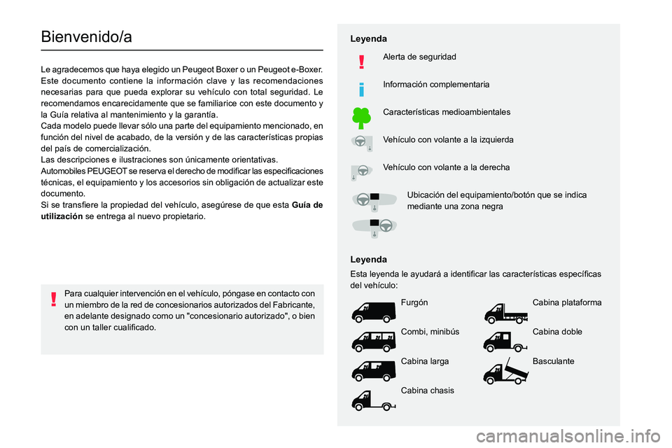 PEUGEOT BOXER 2021  Manual del propietario (in Spanish)   
 
 
 
 
 
    
 
    
 
    
 
  
   
   
 
   
Bienvenido/a
Le agradecemos que haya elegido un Peugeot Boxer o un Peugeot e-Boxer.
Este documento contiene la informaci
