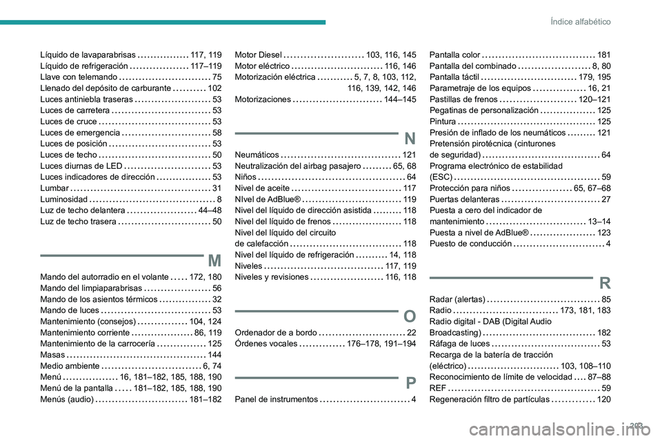 PEUGEOT BOXER 2021 Manual del propietario (in Spanish) 203
Índice alfabético
Líquido de lavaparabrisas 117, 119
Líquido de refrigeración
117–119
Llave con telemando
75
Llenado del depósito de carburante
102
Luces antiniebla tras PEUGEOT BOXER 2021 Manual del propietario (in Spanish) 203
Índice alfabético
Líquido de lavaparabrisas 117, 119
Líquido de refrigeración
117–119
Llave con telemando
75
Llenado del depósito de carburante
102
Luces antiniebla tras