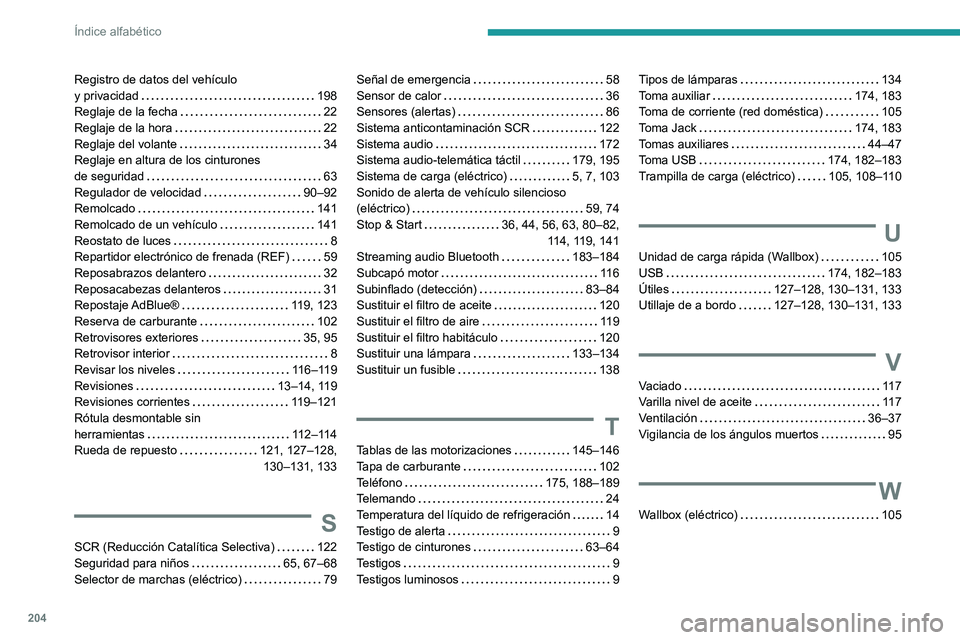 PEUGEOT BOXER 2021 Manual del propietario (in Spanish) 204
Índice alfabético
Registro de datos del vehículo
y privacidad
198
Reglaje de la fecha
22
Reglaje de la hora
22
Reglaje del volante
34
Reglaje en altura de los cinturones PEUGEOT BOXER 2021 Manual del propietario (in Spanish) 204
Índice alfabético
Registro de datos del vehículo
y privacidad
198
Reglaje de la fecha
22
Reglaje de la hora
22
Reglaje del volante
34
Reglaje en altura de los cinturones