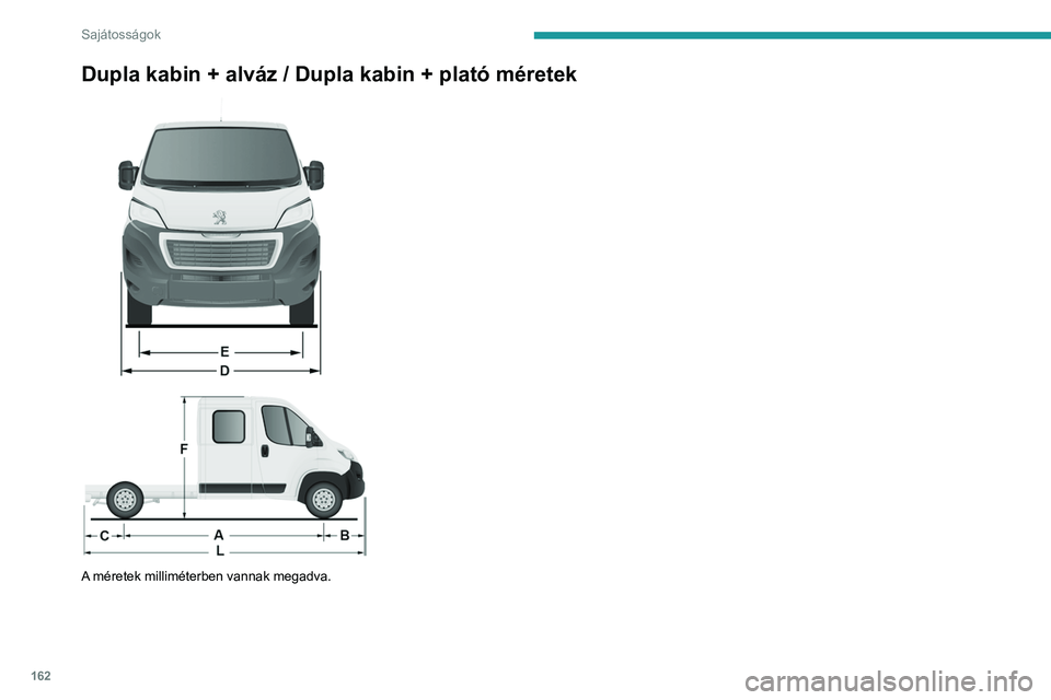 PEUGEOT BOXER 2021  Kezelési útmutató (in Hungarian) 162
Sajátosságok
Dupla kabin + alváz / Dupla kabin + plató méretek  
 
 
 
A méretek milliméterben vannak megadva.   
