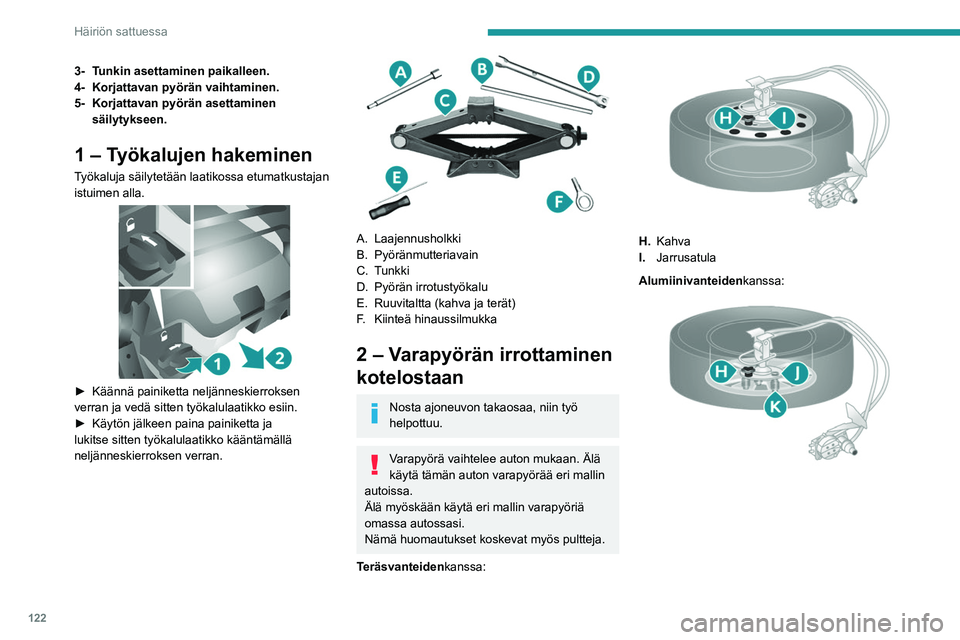 PEUGEOT BOXER 2021  Omistajan Käsikirja (in Finnish) 122
Häiriön sattuessa
3- Tunkin asettaminen paikalleen.
4- Korjattavan pyörän vaihtaminen.
5- Korjattavan pyörän asettaminen säilytykseen.
1 – Työkalujen hakeminen
Työkaluja säilytetään 