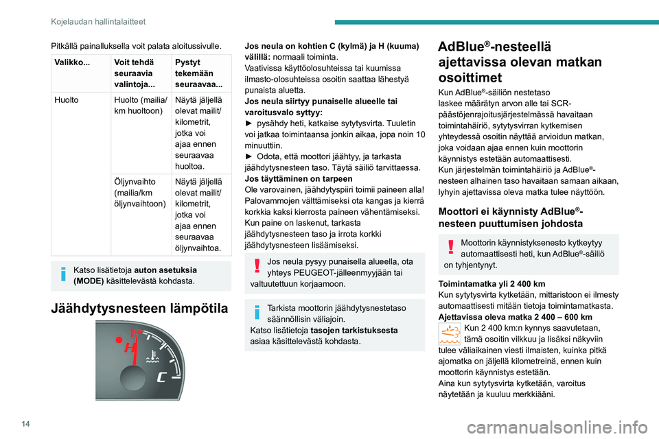 PEUGEOT BOXER 2021  Omistajan Käsikirja (in Finnish) 14
Kojelaudan hallintalaitteet
Pitkällä painalluksella voit palata aloitussivulle.
Valikko... Voit tehdä seuraavia 
valintoja... Pystyt 
tekemään 
seuraavaa...
Huolto Huolto (mailia/ km huoltoon)