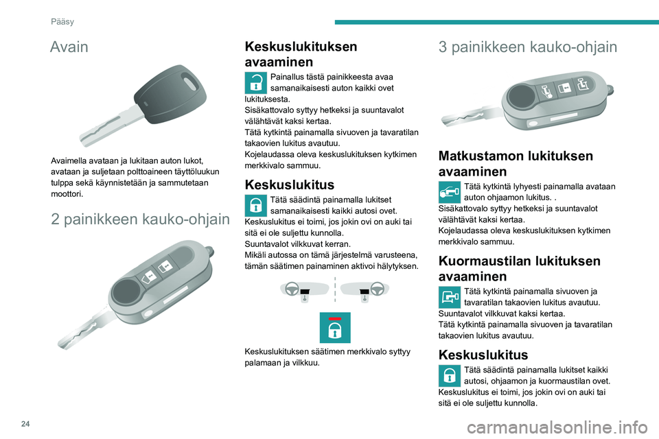 PEUGEOT BOXER 2021  Omistajan Käsikirja (in Finnish) 24
Pääsy
Avain 
 
Avaimella avataan ja lukitaan auton lukot, 
avataan ja suljetaan polttoaineen täyttöluukun 
tulppa sekä käynnistetään ja sammutetaan 
moottori.
2 painikkeen kauko-ohjain 
 
K
