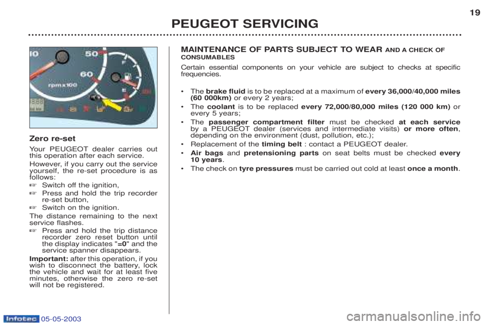 PEUGEOT BOXER 2003 Owners Manual 05-05-2003
Zero re-set Your PEUGEOT dealer carries out
this operation after each service.
However, if you carry out the service yourself, the re-set procedure is asfollows: ☞ Switch off the ignit PEUGEOT BOXER 2003 Owners Manual 05-05-2003
Zero re-set Your PEUGEOT dealer carries out
this operation after each service.
However, if you carry out the service yourself, the re-set procedure is asfollows: ☞ Switch off the ignit