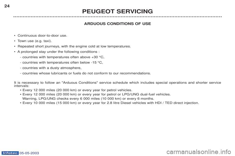 PEUGEOT BOXER 2003  Owners Manual 05-05-2003
ARDUOUS CONDITIONS OF USE
¥  Continuous door-to-door use. 
¥  Town use (e.g. taxi).¥  Repeated short journeys, with the engine cold at low temperatures.
¥  A prolonged stay under the fo