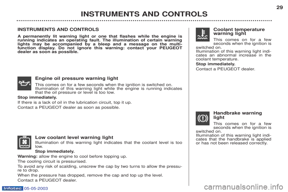 PEUGEOT BOXER 2003  Owners Manual 05-05-2003
Low coolant level warning light Illumination of this warning light indicates that the coolant level is too 
low. 
Stop immediately.
W arning:  allow the engine to cool before topping up.
Th