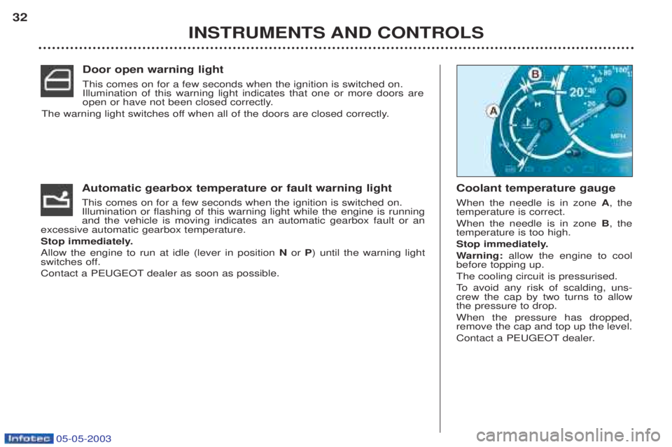PEUGEOT BOXER 2003  Owners Manual 05-05-2003
INSTRUMENTS AND CONTROLS
32
Automatic gearbox temperature or fault warning light This comes on for a few seconds when the ignition is switched on. Illumination or flashing of this warning l
