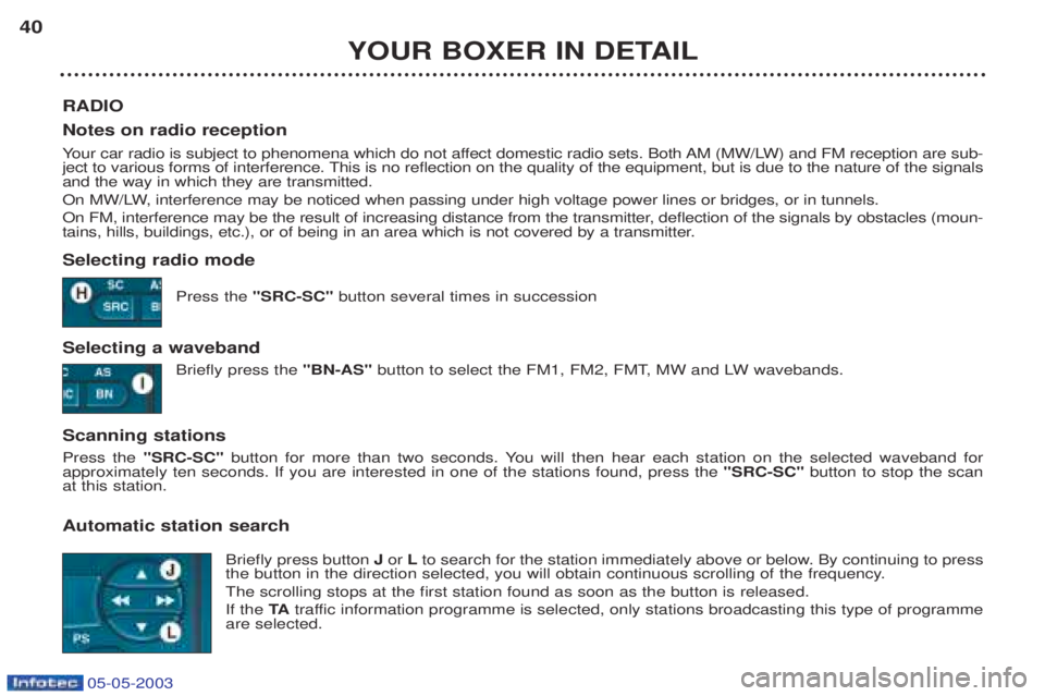 PEUGEOT BOXER 2003 Owners Manual 05-05-2003
YOUR BOXER IN DETAIL
40
RADIO Notes on radio reception Your car radio is subject to phenomena which do not affect domestic radio sets. Both AM (MW/LW) and FM reception are sub-
ject to vari PEUGEOT BOXER 2003 Owners Manual 05-05-2003
YOUR BOXER IN DETAIL
40
RADIO Notes on radio reception Your car radio is subject to phenomena which do not affect domestic radio sets. Both AM (MW/LW) and FM reception are sub-
ject to vari