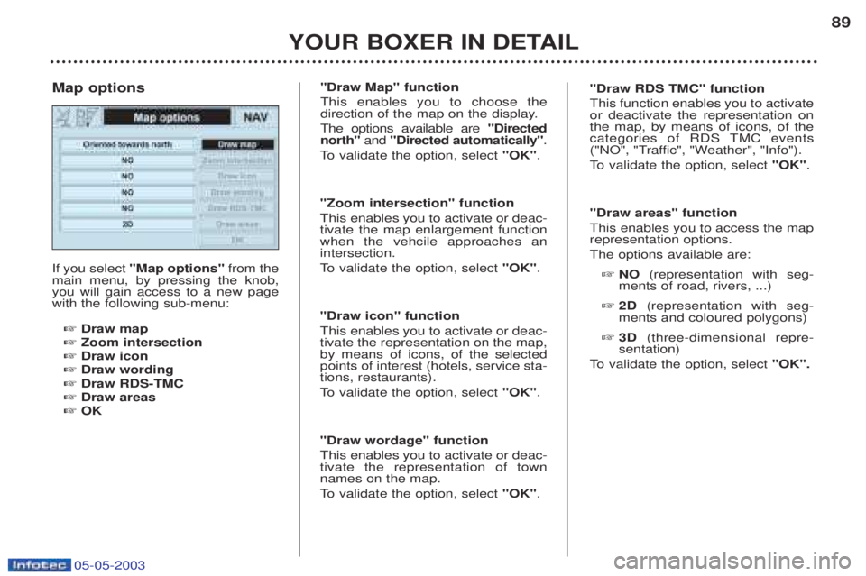 PEUGEOT BOXER 2003 Owners Manual 05-05-2003
YOUR BOXER IN DETAIL89
If you select
"Map options" from the
main menu, by pressing the knob, you will gain access to a new pagewith the following sub-menu:
☞ Draw map
☞ Zoom intersectio PEUGEOT BOXER 2003 Owners Manual 05-05-2003
YOUR BOXER IN DETAIL89
If you select
"Map options" from the
main menu, by pressing the knob, you will gain access to a new pagewith the following sub-menu:
☞ Draw map
☞ Zoom intersectio