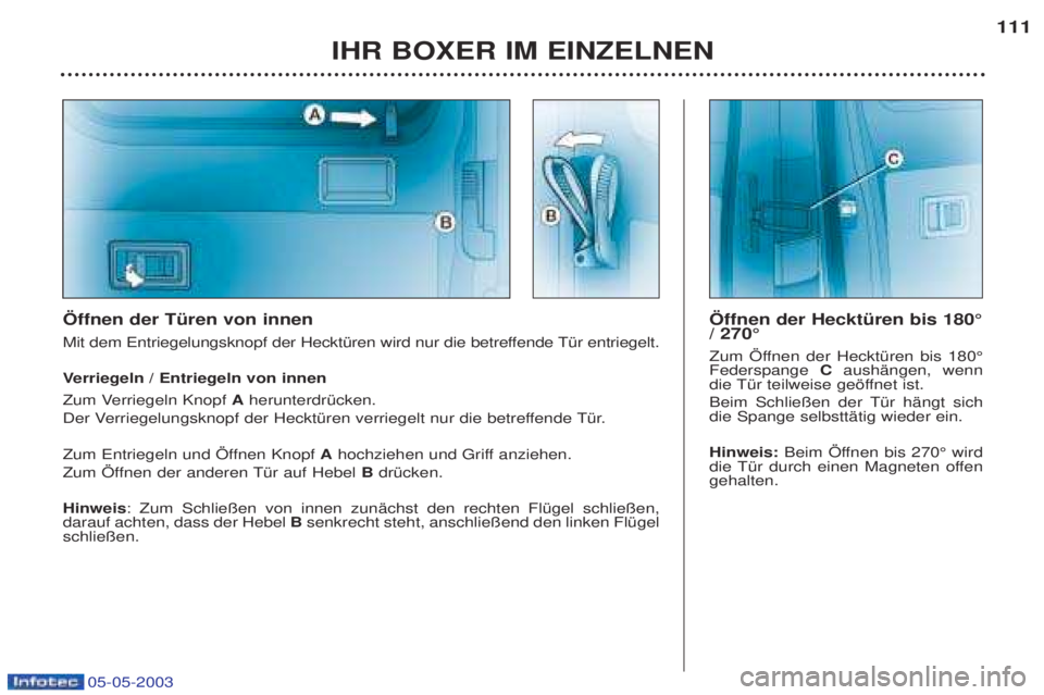 PEUGEOT BOXER 2003  Betriebsanleitungen (in German) 05-05-2003
IHR BOXER IM EINZELNEN111
…ffnen der TŸren von innen 
Mit dem Entriegelungsknopf der HecktŸren wird nur die betreffende TŸr entriegelt. V
erriegeln / Entriegeln von innen
Zum Verriegel