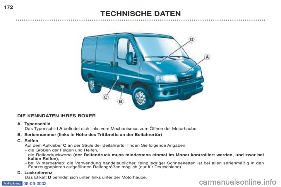 PEUGEOT BOXER 2003  Betriebsanleitungen (in German) 05-05-2003
TECHNISCHE DATEN
172
DIE KENNDATEN IHRES BOXER 
A. TypenschildDas Typenschild  Abefindet sich links vom Mechanismus zum …ffnen der Motorhaube. 
B. Seriennummer (links in Hšhe des Trittbr