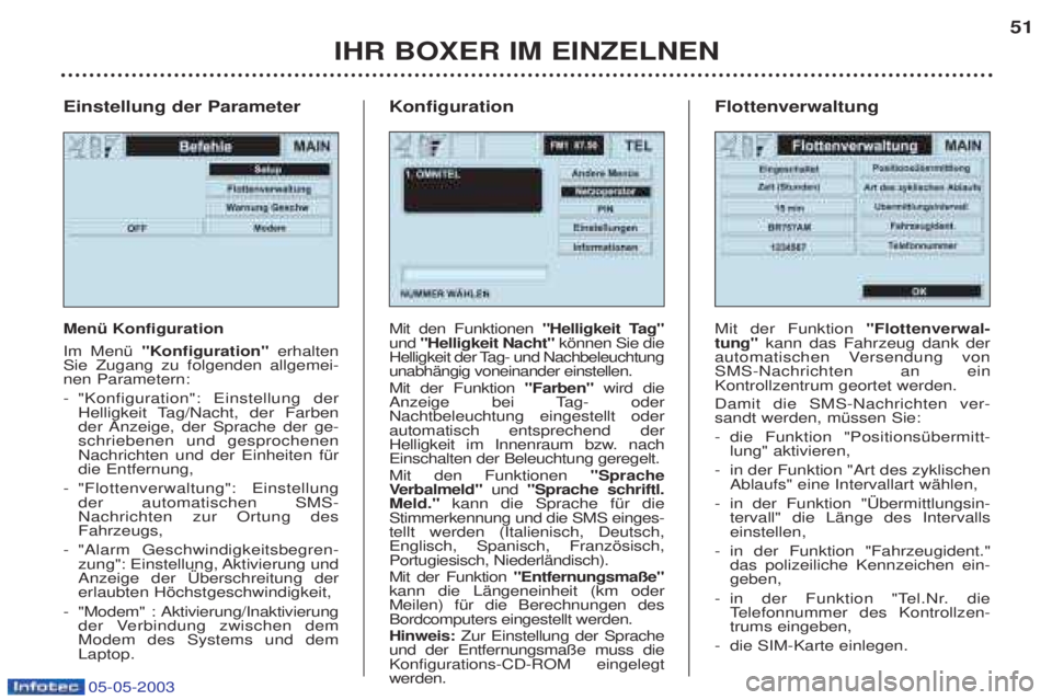 PEUGEOT BOXER 2003  Betriebsanleitungen (in German) 05-05-2003
Einstellung der Parameter  MenŸ Konfiguration Im MenŸ "Konfiguration" erhalten
Sie Zugang zu folgenden allgemei- nen Parametern: - "Konfiguration": Einstellung der 
Helligkeit Tag/Nacht, 