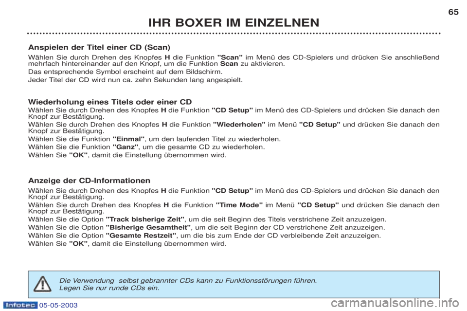 PEUGEOT BOXER 2003 Betriebsanleitungen (in German) 05-05-2003
IHR BOXER IM EINZELNEN65
Anspielen der Titel einer CD (Scan) WŠhlen Sie durch Drehen des Knopfes Hdie Funktion "Scan" im MenŸ des CD-Spielers und drŸcken Sie anschlie§end
mehrfach hi PEUGEOT BOXER 2003 Betriebsanleitungen (in German) 05-05-2003
IHR BOXER IM EINZELNEN65
Anspielen der Titel einer CD (Scan) WŠhlen Sie durch Drehen des Knopfes Hdie Funktion "Scan" im MenŸ des CD-Spielers und drŸcken Sie anschlie§end
mehrfach hi