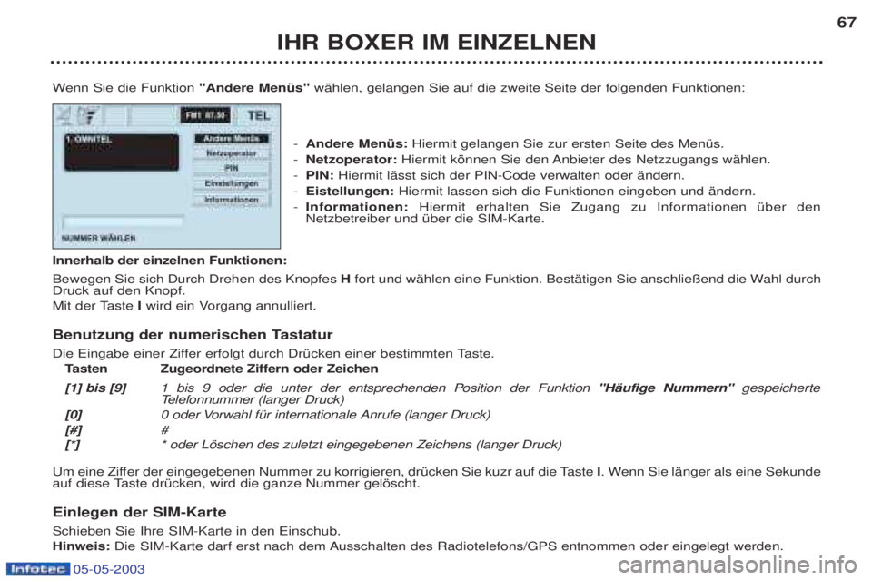 PEUGEOT BOXER 2003 Betriebsanleitungen (in German) 05-05-2003
IHR BOXER IM EINZELNEN67
W enn Sie die Funktion "Andere MenŸs" wŠhlen, gelangen Sie auf die zweite Seite der folgenden Funktionen:
- Andere MenŸs: Hiermit gelangen Sie zur ersten Seite PEUGEOT BOXER 2003 Betriebsanleitungen (in German) 05-05-2003
IHR BOXER IM EINZELNEN67
W enn Sie die Funktion "Andere MenŸs" wŠhlen, gelangen Sie auf die zweite Seite der folgenden Funktionen:
- Andere MenŸs: Hiermit gelangen Sie zur ersten Seite