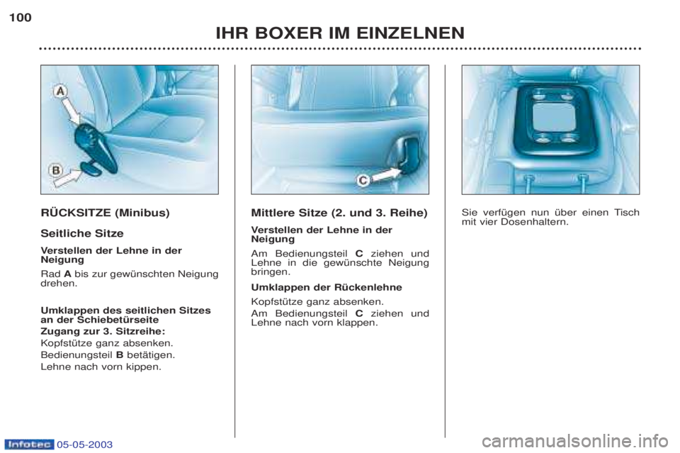 PEUGEOT BOXER 2003  Betriebsanleitungen (in German) 05-05-2003
R†CKSITZE (Minibus) Seitliche Sitze Verstellen der Lehne in der
Neigung Rad  Abis zur gewŸnschten Neigung
drehen.  Umklappen des seitlichen Sitzes an der SchiebetŸrseite Zugang zur 3. S
