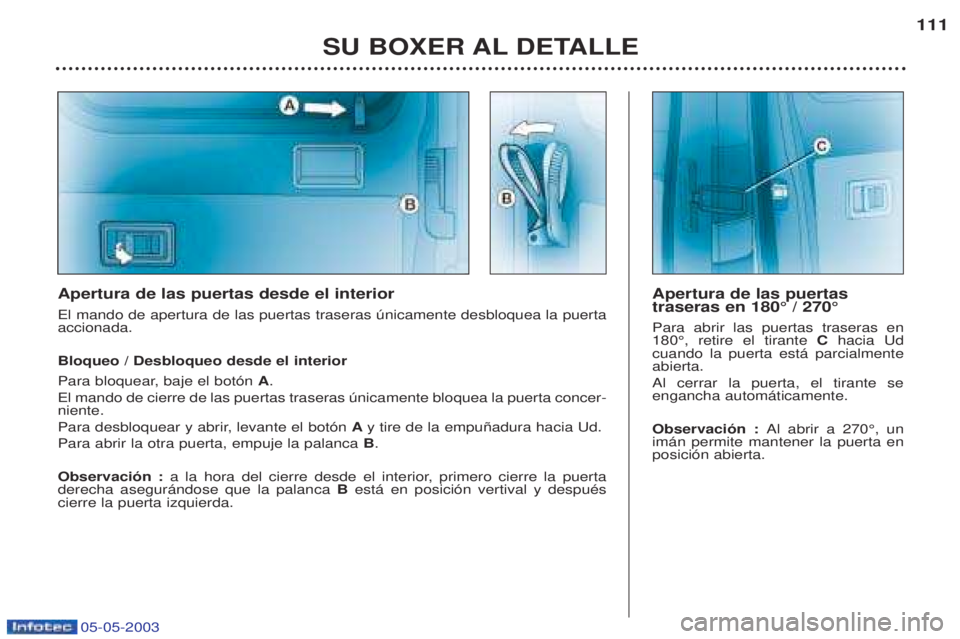 PEUGEOT BOXER 2003  Manual del propietario (in Spanish) 05-05-2003
SU BOXER AL DETALLE111
Apertura de las puertas desde el interior El mando de apertura de las puertas traseras œnicamente desbloquea la puerta accionada. Bloqueo / Desbloqueo desde el inter
